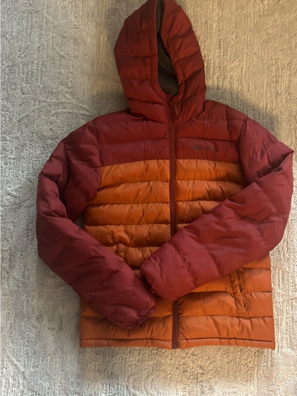 Men's Hooded Colorblock Puffer Jacket - Burgundy & Orange